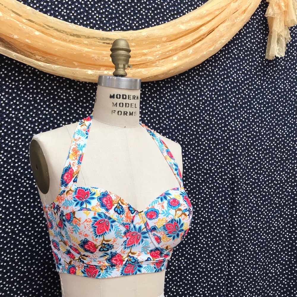 Multi colored, exotic floral printed bikini top